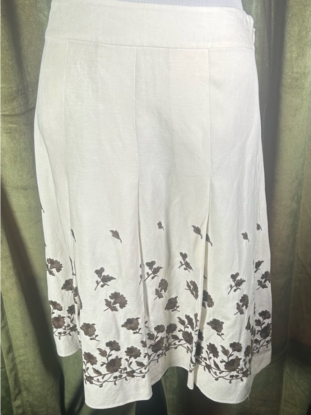 Vintage 90's Ann Taylor Floral Embroidered Linen Blend Pleated A-line Skirt - Picture 2 of 6